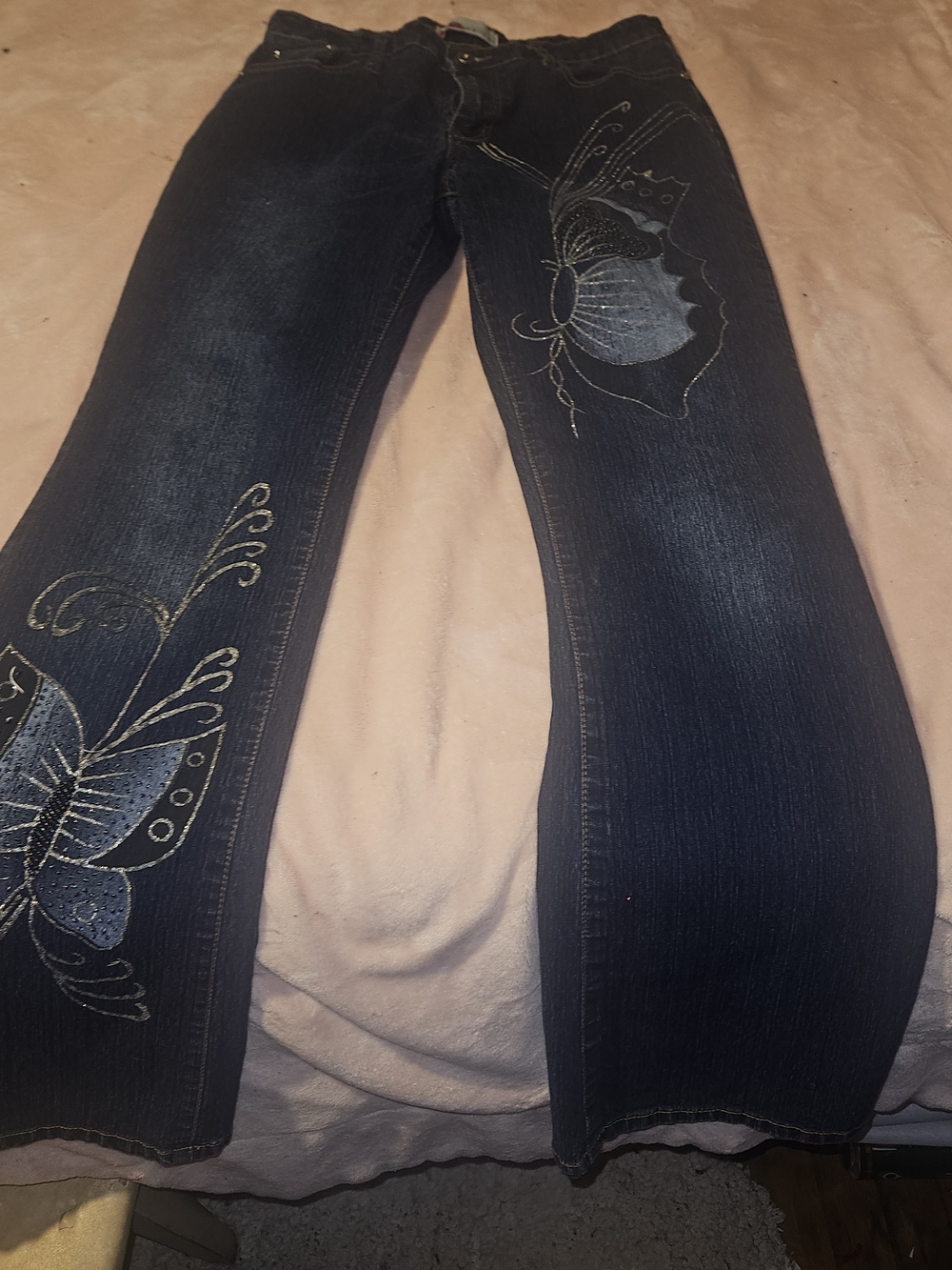 Vintage Cosmopolitan Dark Blue Boot-Cut Jeans with Embroidered Butterfly Detail